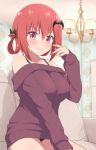  1girl bangs bare_shoulders bat_hair_ornament black_bra black_panties blush bra breasts closed_mouth collarbone couch eyebrows_visible_through_hair gabriel_dropout hair_between_eyes hair_ornament hair_rings hand_up highres indoors kurumizawa_satanichia_mcdowell large_breasts long_hair long_sleeves looking_at_viewer nyaroon off-shoulder_sweater off_shoulder on_couch panties pink_eyes raised_eyebrows red_hair shiny shiny_hair sitting sleeves_past_wrists smile solo sweater thighs underwear 