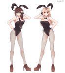  2girls adapted_costume animal_ears ass_visible_through_thighs bare_shoulders black_gloves black_neckwear black_ribbon blonde_hair blue_eyes bow bowtie braid brown_footwear brown_hair bunny_ears bunny_girl bunnysuit detached_collar fake_animal_ears fingerless_gloves full_body gloves hair_flaps hair_over_shoulder hair_ribbon high_heels kantai_collection kozu_(bloomme1_me) leotard long_hair looking_at_viewer multiple_girls necktie red_eyes remodel_(kantai_collection) ribbon shigure_(kantai_collection) twitter_username yuudachi_(kantai_collection) 