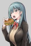  1girl aqua_eyes aqua_hair bangs beige_cardigan black_jacket bow breasts cardigan collared_shirt eyebrows_visible_through_hair food grey_background hair_ornament hairclip hamburger holding holding_food jacket kantai_collection large_breasts long_hair looking_at_viewer open_cardigan open_clothes open_mouth red_bow satou_samu school_uniform shirt suzuya_(kantai_collection) white_shirt 