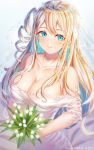  1girl absurdres artist_name blonde_hair blue_eyes breasts bride cleavage collarbone crown_hair_ornament dress eyebrows_visible_through_hair flower girls_frontline highres large_breasts long_hair looking_at_viewer simple_background smile solo suomi_kp31_(girls_frontline) takechii_(user_fpya5735) wedding_dress 