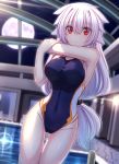  1girl blue_swimsuit breasts commentary_request competition_swimsuit cowboy_shot full_moon hair_flaps highres indoors large_breasts long_hair looking_at_viewer moon murasame_shia one-piece_swimsuit original pool red_eyes silver_hair solo standing stretch swimsuit 