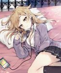  1girl bed_sheet black_legwear black_panties black_skirt blonde_hair blush breasts cleavage commentary_request digital_media_player earbuds earphones grey_stripes kawaii_rowa kneehighs large_breasts lavender_jacket long_hair long_sleeves looking_at_viewer lying miniskirt on_bed on_side original panties pillow pleated_skirt shirt skirt solo spread_legs striped striped_panties sunlight underwear white_shirt wing_collar yellow_eyes 