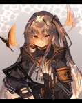  1girl armband bangs black_border black_gloves border brown_hair bug butterfly eyebrows_visible_through_hair fingerless_gloves girls_frontline gloves gun h&amp;k_ump45 hair_between_eyes highres holding holding_gun holding_weapon insect jacket long_hair one_side_up orange_eyes scar scar_across_eye smile solo soukou_makura ump45_(girls_frontline) weapon 