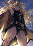  1girl armpits bangs black_leotard blonde_hair breasts cape closed_mouth ereshkigal_(fate/grand_order) eyebrows_visible_through_hair fate/grand_order fate_(series) from_below hair_between_eyes hair_intakes hair_ornament hand_in_hair highres leotard long_hair looking_at_viewer looking_down orange_eyes shiny shiny_hair single_thighhigh small_breasts smile solo standing thighhighs uenoryoma very_long_hair yellow_cape 