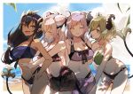  4girls :d ^_^ beach bikini bikini_skirt black_bikini black_eyepatch black_hair blue_bikini blush breasts brown_eyes cleavage closed_eyes cloud cloudy_sky commentary_request cowboy_shot curled_horns day demon_girl demon_horns demon_tail double_bun eyepatch fang frilled_bikini frilled_swimsuit frills green_bikini green_eyes green_hair hair_between_eyes happy highleg highleg_bikini highres honey_strap horns kawaii_rowa long_hair medium_breasts medium_hair mole mole_under_mouth multicolored_hair multiple_girls navel ocean open_mouth outdoors pink_hair print_eyepatch purple_hair saionji_mary sarong see-through sekishiro_mico shimamura_charlotte short_hair silver_hair skin_fang sky smile suou_patra swimsuit tail two-tone_bikini two-tone_hair virtual_youtuber 