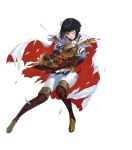  1girl alternate_costume armor bangs belt black_eyes black_hair book boots cape ekao elbow_gloves feather_trim feathers fire_emblem fire_emblem:_thracia_776 fire_emblem_heroes full_body gloves hair_ornament highres holding lips official_art olwen_(fire_emblem) one_eye_closed open_book pants parted_lips puffy_sleeves red_lips shiny shiny_hair short_hair shoulder_armor skin_tight solo striped thigh_boots thigh_gap thighhighs torn_clothes transparent_background vertical_stripes white_pants 
