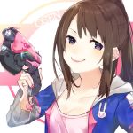  arm_up bangs blue_jacket breasts brown_hair bunny_charm bunny_symbol charm_(object) cleavage closed_mouth d.va_(overwatch) fingernails gun holding holding_gun holding_weapon hood hood_down hooded_jacket jacket kawaii_rowa lipstick long_hair long_sleeves looking_at_viewer makeup overwatch pink_lipstick pink_nails pink_shirt purple_eyes shirt sidelocks small_breasts smile solo swept_bangs upper_body weapon white_hood 