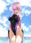  1girl black_swimsuit blue_sky breasts cloud commentary_request competition_swimsuit covered_navel covered_nipples cowboy_shot day fate/grand_order fate_(series) glasses hair_over_one_eye highleg highleg_swimsuit highres horizon impossible_clothes impossible_swimsuit lens_flare looking_at_viewer mash_kyrielight medium_breasts ocean one-piece_swimsuit outdoors purple_eyes purple_hair sanazura_hiroyuki short_hair sky smile solo standing swimsuit thigh_gap white_robe 