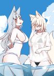  :3 anthro big_breasts bikini blush breasts butt canid canine clothed clothing cloud duo facial_markings female fox fur gesture grey_hair hair head_markings hi_res high_school_inari_tamamo-chan hime_cut kemono long_hair looking_at_viewer mammal markings mehajiki osaki_fushimi outside partially_submerged pawpads pointing red_eyes red_markings sea shirt side-tie_bikini side_mouth side_view sky smile swimwear t-shirt tamamo-chan&#039;s_a_fox tamamo_fushimi tongue tongue_out topwear translucent translucent_clothing translucent_shirt translucent_topwear water wet wet_clothing wet_shirt wet_topwear white_body white_fur white_hair yuuki_ray 