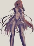  1girl armor arms_behind_back ass_visible_through_thighs breasts cowboy_shot don_(sjag3855) fate/grand_order fate_(series) from_behind hair_over_one_eye highres large_breasts long_hair looking_at_viewer navel purple_hair red_eyes scathach_(fate)_(all) scathach_(fate/grand_order) shoulder_armor simple_background solo underboob very_long_hair 