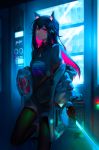  1girl absurdres animal_ears arknights black_hair black_legwear cola cyberpunk highres holding holding_weapon jacket jacket_on_shoulders jewelry leg_up long_hair looking_at_viewer necklace ramz shirt shoes solo standing sword t-shirt tail texas_(arknights) vending_machine weapon wolf_ears wolf_tail 