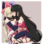  2girls absurdres bandaged_arm bandages bare_shoulders black_hair blonde_hair blood blood_on_face blue_legwear blush closed_eyes detached_sleeves ear_blush eyebrows_visible_through_hair fur_trim green_eyes hair_between_eyes hat highres long_hair magilou_(tales) miiii multiple_girls tales_of_(series) tales_of_berseria thighhighs tongue tongue_out velvet_crowe wizard_hat yuri 