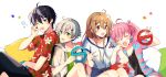  2boys 2girls alternate_costume blush brown_hair commentary_request doumyouji_haruto game_club_project green_eyes grey_hair hair_ornament hairclip kazami_ryou long_hair looking_at_viewer multicolored_hair multiple_boys multiple_girls pink_hair sakuragi_miria shimada71_72 smile streaked_hair twintails virtual_youtuber yumesaki_kaede 