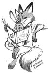  2016 anthro book canid canine disney duo english_text fox fur hi_res holding_book holding_object judy_hopps lagomorph leporid mammal monochrome nick_wilde nijuukoo on_lap rabbit reading red_fox signature simple_background sitting_on_lap smile text white_background zootopia 