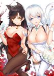  2girls absurdres animal_ears apron atago_(azur_lane) azur_lane bangs bell bell_choker black_hair blue_eyes bracer breasts bunnysuit choker cleavage collarbone eyebrows_visible_through_hair fishnet_legwear fishnets hand_on_hip highres horz illustrious_(azur_lane) jewelry large_breasts long_hair looking_at_viewer mole mole_under_eye multiple_girls necklace open_mouth orange_eyes pantyhose silver_hair smile thighhighs white_background white_legwear 