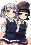  2girls =3 arare_(kantai_collection) bangs black_dress black_hair blunt_bangs blush clenched_hands dress gigokku grey_hair hair_ribbon hat highres kantai_collection long_sleeves low_twintails multiple_girls ooshio_(kantai_collection) open_mouth pinafore_dress remodel_(kantai_collection) ribbon shirt short_hair simple_background smile twintails two-tone_background white_shirt 
