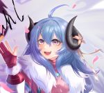  1girl absurdres ahoge alternate_costume alternate_eye_color alternate_hair_color alternate_hairstyle animal_ears arm_up blue_hair blush cherry_blossoms curled_horns fingerless_gloves flower fur gloves hair_between_eyes hair_flower hair_ornament highres horns japanese_clothes kindred lamb_(league_of_legends) league_of_legends long_hair long_sleeves netisz open_eyes open_mouth petals pink_eyes purple_hair ribbon simple_background spirit_blossom_kindred upper_teeth waving white_background white_fur white_hair wolf wolf_(league_of_legends) 