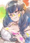  1girl black_hair blue_eyes breasts cleavage ear_piercing glasses granblue_fantasy grin illnott large_breasts long_hair paint_on_face paint_splatter piercing smile splatter_background tomamatto 