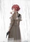  1girl absurdres ahoge arknights black_gloves brown_coat cjmy coat commentary_request cowboy_shot exusiai_(arknights) from_behind gloves gun halo hand_up handgun highres holding holding_gun holding_weapon long_sleeves profile red_hair revolver short_hair single_glove solo standing weapon 