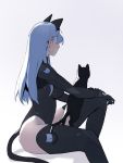  1girl animal_ears black_legwear bodysuit breasts cat cat_ears cat_tail dongho_kang facing_away grey_background large_breasts leotard long_hair looking_afar original profile silver_hair simple_background sitting solo tail thighhighs 