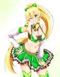  1girl absurdres alternate_costume bangs blonde_hair bow braid breasts cheerleader cleavage contrapposto cowboy_shot crop_top detached_collar detached_sleeves eyebrows_visible_through_hair floating_hair green_bow green_eyes green_legwear green_skirt grin groin hair_between_eyes hair_bow hand_on_hip high_ponytail highres ken-ji layered_skirt leafa long_hair long_sleeves medium_breasts midriff miniskirt navel one_eye_closed pleated_skirt pointy_ears shiny shiny_hair sidelocks simple_background skirt smile solo standing stomach sword_art_online thighhighs twin_braids very_long_hair white_background white_sleeves wing_collar zettai_ryouiki 