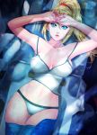  1girl arms_up artist_name bangs bare_arms bare_shoulders blonde_hair blue_eyes blurry blurry_background breasts cleavage closed_mouth collarbone commentary esther fingernails large_breasts lips lying medium_breasts metroid mole mole_under_mouth navel on_back panties ponytail samus_aran simple_background solo stomach thighs tied_hair underwear 