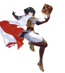  1girl alternate_costume armor ass bangs belt black_eyes black_hair book boots cape ekao elbow_gloves feather_trim fire_emblem fire_emblem:_thracia_776 fire_emblem_heroes floating floating_object full_body gloves hair_ornament highres leg_up lips official_art olwen_(fire_emblem) open_book pants parted_lips puffy_sleeves red_lips shiny shiny_hair short_hair shoulder_armor skin_tight solo striped thigh_boots thigh_gap thighhighs transparent_background vertical_stripes white_pants 