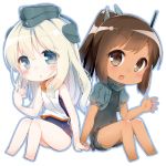  2girls blonde_hair blue_eyes blush brown_eyes brown_hair chibi commentary_request cosplay cropped_jacket eyebrows_visible_through_hair garrison_cap hair_ornament hairclip hat i-401_(kantai_collection) i-401_(kantai_collection)_(cosplay) kantai_collection long_hair looking_at_viewer military military_uniform multiple_girls one-piece_swimsuit open_mouth ponytail puffy_sleeves sailor_collar shirt short_hair side-tie_shirt simple_background sitting sleeveless sleeveless_shirt swimsuit swimsuit_under_clothes tan tousaki_shiina u-511_(kantai_collection) u-511_(kantai_collection)_(cosplay) uniform 