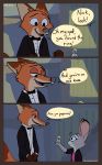  2016 absurd_res anthro brooklyn_nine-nine canid canine clothed clothing comic dialogue disney duo english_text fox fur grey_body grey_fur hi_res holding_object judy_hopps lagomorph leporid mammal mod_lemon nick_wilde open_mouth open_smile orange_body orange_fur rabbit red_fox ring signature smile speech_bubble text zootopia 