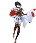  1girl alternate_costume armor bangs belt black_eyes black_hair boots cape ekao elbow_gloves feather_trim fire_emblem fire_emblem:_thracia_776 fire_emblem_heroes full_body gloves hair_ornament highres lips official_art olwen_(fire_emblem) pants puffy_sleeves red_lips shiny shiny_hair short_hair shoulder_armor skin_tight solo striped thigh_boots thigh_gap thighhighs transparent_background vertical_stripes white_pants 