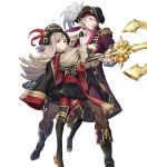  1boy 1girl anchor bangs black_footwear black_skirt blonde_hair boots coat coat_on_shoulders collarbone crown detached_sleeves epaulettes feathers fingernails fire_emblem fire_emblem_fates fire_emblem_heroes full_body grey_hair hat highres holding jewelry knee_boots long_sleeves looking_away official_art open_mouth p-nekor pants pirate_hat red_eyes red_legwear short_hair skirt thigh_boots thighhighs transparent_background veronica_(fire_emblem) xander_(fire_emblem) zettai_ryouiki 