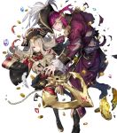  1boy 1girl anchor bangs black_skirt blonde_hair boots coat coat_on_shoulders detached_sleeves epaulettes feathers fingernails fire_emblem fire_emblem_fates fire_emblem_heroes full_body gem gold gold_coin grey_hair hat highres holding knee_boots long_sleeves official_art one_eye_closed p-nekor pants parted_lips pearl_(gemstone) pirate_hat red_eyes red_legwear skirt sparkle thighhighs torn_clothes torn_sleeves transparent_background veronica_(fire_emblem) xander_(fire_emblem) zettai_ryouiki 