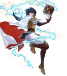  1girl alternate_costume armor ass bangs belt black_eyes black_hair book boots cape ekao elbow_gloves feather_trim fire_emblem fire_emblem:_thracia_776 fire_emblem_heroes floating floating_object full_body gloves hair_ornament highres leg_up lightning_bolt lips official_art olwen_(fire_emblem) open_book open_mouth pants puffy_sleeves red_lips shiny shiny_hair short_hair shoulder_armor skin_tight solo striped thigh_boots thigh_gap thighhighs transparent_background vertical_stripes white_pants 
