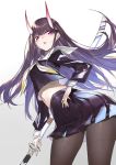  1girl absurdres azur_lane black_hair black_legwear black_shirt black_skirt eyebrows_visible_through_hair highres holding holding_sword holding_weapon horns horz katana long_hair looking_at_viewer neck_ribbon noshiro_(azur_lane) open_mouth pantyhose purple_eyes ribbon school_uniform shirt skirt solo sword weapon white_background yellow_neckwear 