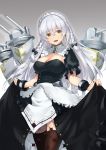  1girl :d apron azur_lane bangs black_legwear blush bow braid breasts cleavage curtsey dress eyebrows_visible_through_hair frills hair_between_eyes hair_bow hat hermione_(azur_lane) highres large_breasts long_hair looking_at_viewer maid open_mouth rigging shimozuki_shio short_sleeves silver_hair skirt_hold smile solo standing thighhighs twin_braids very_long_hair 