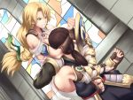  1boy 1girl angry blonde_hair brown_footwear brown_hair clenched_teeth determined gladiator_shoes green_eyes long_hair makura_no_doushi ponytail sandals serious shield sophitia_alexandra soulcalibur stained_glass teeth tied_hair wrestling 