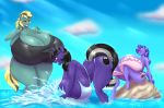  2020 absurd_res anthro big_breasts blues64 blush breasts clothing earth_pony equid equine eyes_closed fan_character hasbro hi_res horn horse huge_breasts mammal marauder6272 my_little_pony open_mouth pony rock splashing swimwear unicorn water 