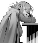  1girl braid braided_ponytail breasts closed_eyes fate/grand_order fate_(series) florence_nightingale_(fate/grand_order) folded_ponytail gloves greyscale highres hxd jacket jacket_on_shoulders large_breasts long_hair long_sleeves military_jacket monochrome sitting sleeping 
