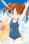  1girl azumanga_daioh blue_sky blue_swimsuit brown_eyes brown_hair chiyo_chichi cloud commentary_request cowboy_shot flat_chest highres inflatable_toy kurumaya_maa long_hair looking_at_viewer mihama_chiyo school_swimsuit sky solo swimsuit twintails water waving 