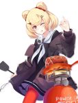  2020 animal_humanoid arknights blonde_hair clothing cooking female food gummy_(arknights) hair hi_res humanoid jacket looking_at_viewer mammal mammal_humanoid meat pan red_eyes simple_background smile solo spatula tongue tongue_out tools topwear ursid ursid_humanoid white_background yattsu 
