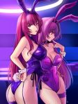  2girls animal_ears bare_shoulders breasts bunny_ears bunny_girl bunnysuit cleavage detached_collar fake_animal_ears fate/grand_order fate_(series) finger_to_mouth fishnet_legwear fishnets flower hair_intakes highres large_breasts leotard long_hair looking_at_viewer looking_to_the_side multiple_girls n_morninglight purple_flower purple_hair purple_leotard purple_rose red_eyes rose scathach_(fate)_(all) scathach_(fate/grand_order) scathach_skadi_(fate/grand_order) strapless strapless_leotard tongue tongue_out wrist_cuffs 
