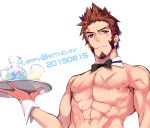  1boy 2019 abs blue_eyes bow bowtie brown_hair chest detached_collar facial_hair fate/grand_order fate_(series) goatee happy_birthday highres holding kivo_some_18 looking_at_viewer male_focus muscle napoleon_bonaparte_(fate/grand_order) nipples pectorals revealing_clothes scar serving shirtless simple_background solo tray wrist_cuffs 