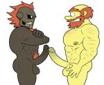  anthro atlus balls beard bone dagda_(megami_tensei) duo elfein erection facial_hair genitals groundskeeper_willie hair human human_only male male/male mammal megami_tensei muscular muscular_male nipples not_furry nude penis simple_background skull teeth the_simpsons video_games 