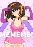  1girl blush bra breasts brown_eyes brown_hair cleavage closed_mouth cosplay curvy dress elbow_gloves eyebrows_visible_through_hair gloves hair_between_eyes hand_to_head haruhisky highres large_breasts looking_at_viewer me!me!me! meme_(me!me!me!) meme_(me!me!me!)_(cosplay) one_eye_closed short_dress smile solo speed_lines suzumiya_haruhi suzumiya_haruhi_no_yuuutsu thigh_gap tongue tongue_out underwear 