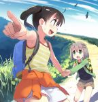  2girls :d :o ahoge arm_up armpits backlighting backpack bag bangs bare_arms beige_skirt bird blue_sky blurry blush_stickers brown_hair bush chromatic_aberration clothes_around_waist cloud collarbone cowboy_shot day depth_of_field eye_contact eyebrows_visible_through_hair eyes_visible_through_hair film_grain fingernails flying_sweatdrops foreshortening from_side gradient_sky grass green_eyes green_jacket grey_hair hair_between_eyes hair_ornament hairclip hand_up hands_up highres holding_hands jacket jacket_around_waist kuraue_hinata leg_lift long_sleeves looking_at_another looking_to_the_side minawa multiple_girls nature open_clothes open_jacket open_mouth outdoors outline path pointing profile purple_eyes round_teeth scenery shiny shiny_hair short_hair shorts sideways_mouth skirt sky smile striped striped_tank_top sweat tank_top tareme teeth twintails upper_teeth walking white_outline white_shorts yama_no_susume yellow_tank_top yukimura_aoi 