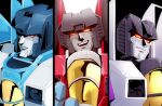  3boys close-up decepticon glowing glowing_eyes looking_ahead looking_down multiple_boys no_humans red_eyes skywarp smile smirk somali starscream thundercracker transformers 