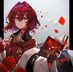  1girl absurdres ange_katrina blue_eyes book floating_hair flower highres holding holding_book looking_at_viewer lunateelf nijisanji red_flower red_hair red_rose rose short_hair solo triangle_hair_ornament 