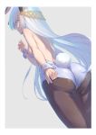  1girl absurdres adjusting_clothes anastasia_(fate/grand_order) animal_ears arm_at_side ass bare_arms bare_shoulders beige_background black_legwear blue_eyes blue_leotard border breasts bunny_ears bunny_tail bunnysuit closed_mouth commentary_request fate/grand_order fate_(series) from_behind from_below grey_background hair_ornament hand_up highres leotard long_hair looking_at_viewer medium_breasts pantyhose shoulder_blades solo straight_hair strapless strapless_leotard tail tearing_up tihoro1609 very_long_hair white_border wrist_cuffs 