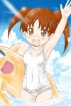  1girl azumanga_daioh blue_sky blue_swimsuit brown_eyes brown_hair chiyo_chichi cloud collarbone cowboy_shot flat_chest highres inflatable_toy kurumaya_maa long_hair looking_at_viewer mihama_chiyo school_swimsuit sky smile solo swimsuit twintails water waving 