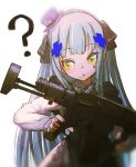  1girl ? assault_rifle bangs commentary_request expressionless eyebrows_visible_through_hair facial_mark girls_frontline green_eyes gun hair_ornament hat highres hironii_(hirofactory) hk416_(girls_frontline) holding holding_weapon long_hair long_sleeves open_mouth rifle silver_hair solo weapon younger 